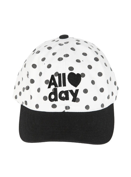 Hudson Ball Cap IL503 white black front hanger shot polka dot crown centered All day heart embroidery black contrast brim flat product view