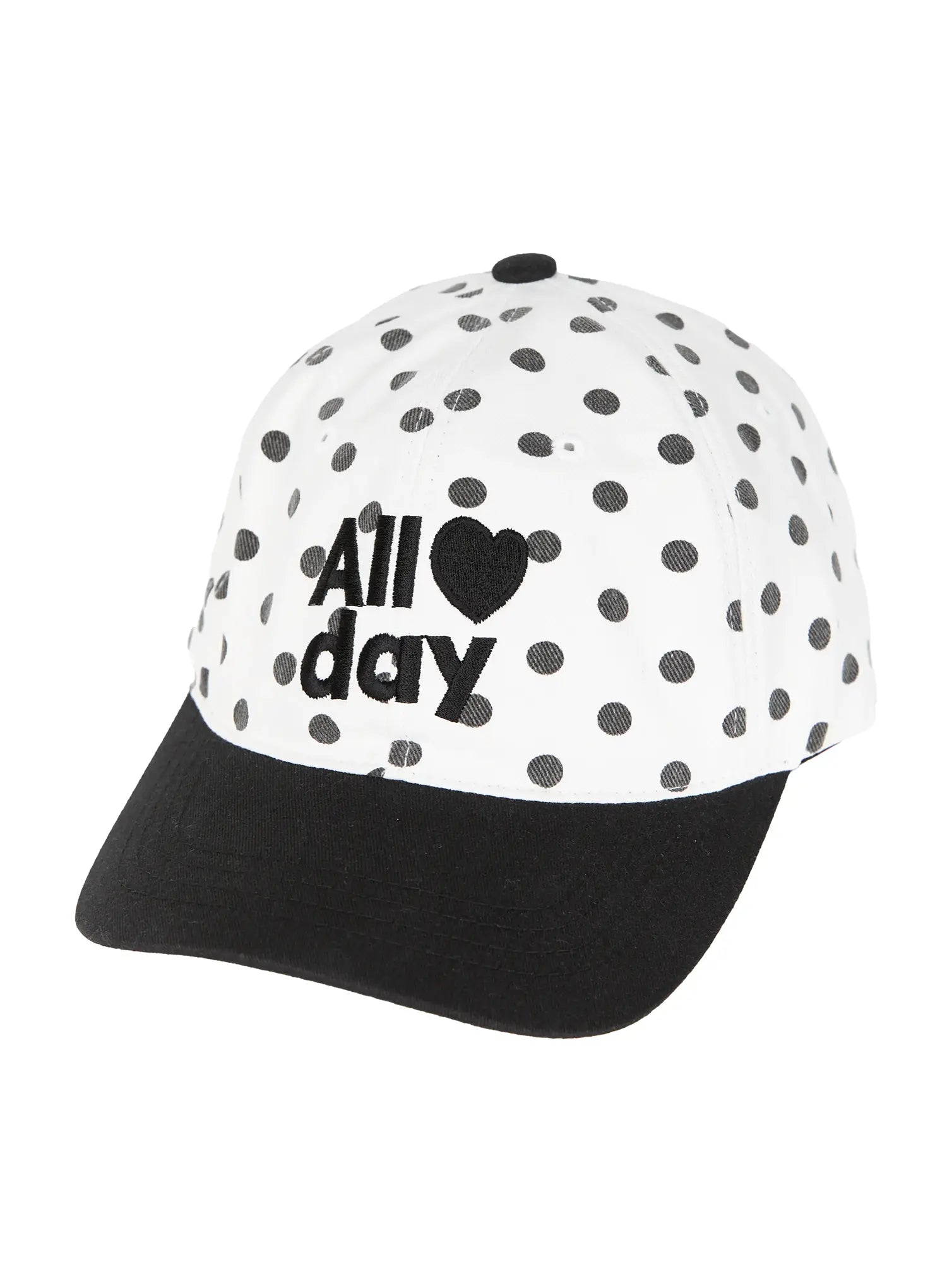 Hudson Ball Cap IL503 white black three-quarter hanger shot polka dot crown with All day heart embroidery black brim structured silhouette