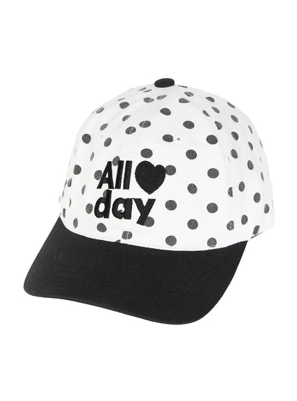 Hudson Ball Cap IL503 white black three-quarter hanger shot polka dot crown with All day heart embroidery black brim structured silhouette