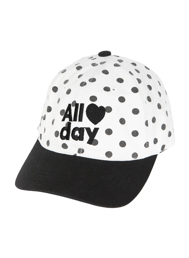 Hudson Ball Cap IL503 white black three-quarter hanger shot polka dot crown with All day heart embroidery black brim structured silhouette