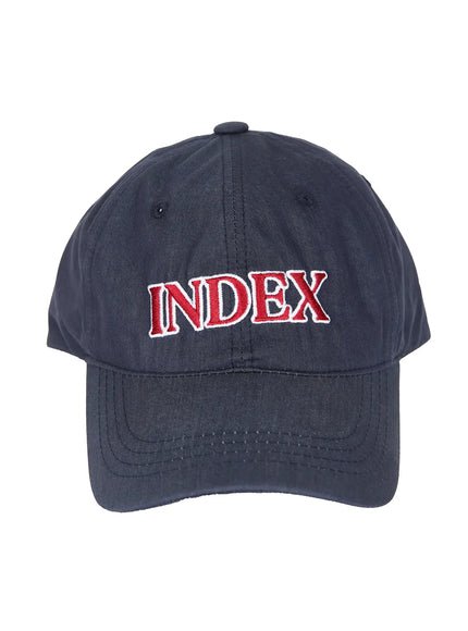 Index Cotton Ball Cap IL503 Navy front product shot on white background, close front view of red INDEX embroidery with white outline on structured crown