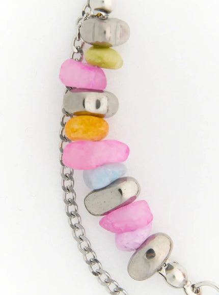 Iris Color Stone Necklace IL517 multicolor close-up detail of pastel pink orange yellow blue and gray stone beads threaded on silver chain