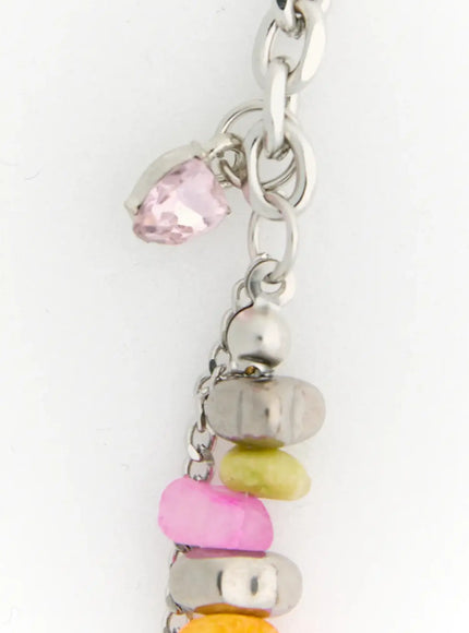 Iris Color Stone Necklace IL517 silver close-up detail of pink crystal heart charm and silver ball pendant with colorful stone beads on chain