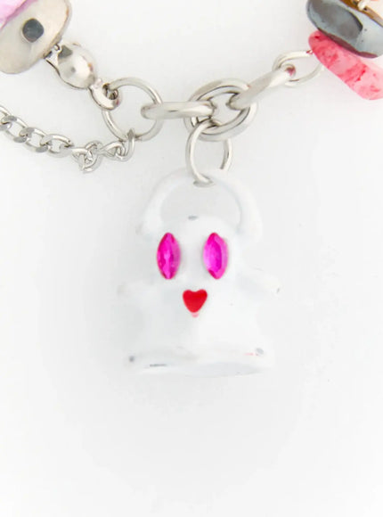 LEWKIN Iris Color Stone Necklace IL517 silver close-up detail of white ghost charm with pink crystal eyes and red heart accent on silver chain