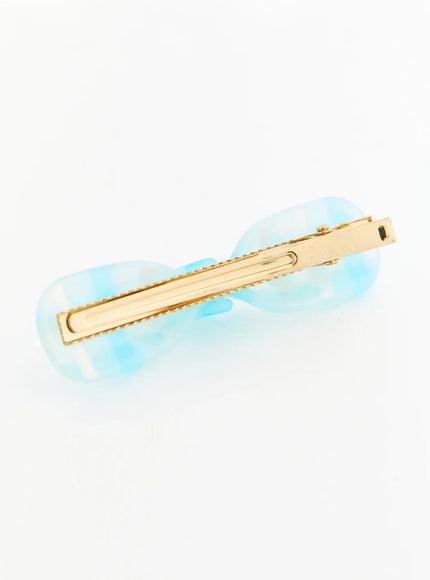 Ivy Mix Hair Pin IL503 blue back detail showing gold-tone metal bar clasp with serrated teeth on frosted blue marbled resin barrette