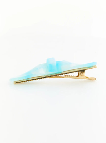 Ivy Mix Hair Pin IL503 blue side close-up showing gold-tone alligator metal clasp mechanism beneath frosted blue marbled resin top
