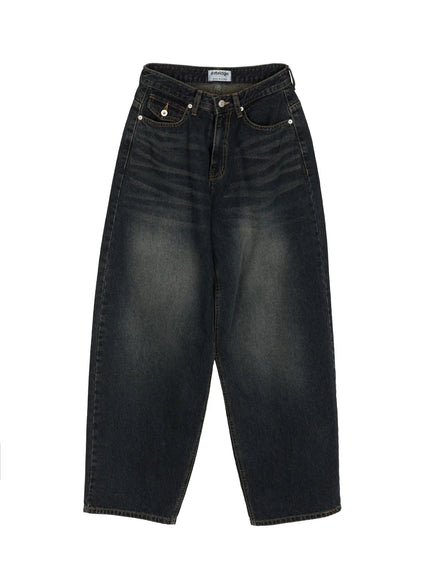 Jan Back Pocket Washed Wide Jeans IL515 Dark blue flat-lay front view showing wide-leg silhouette, washed denim texture, and front five-pocket design