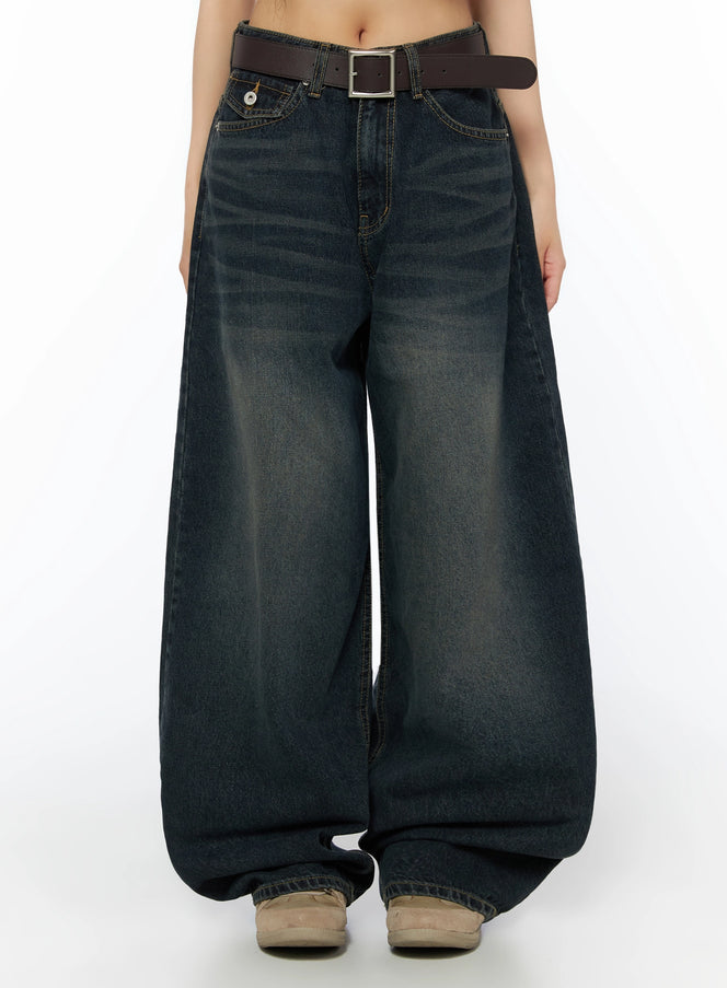 LEWKIN Jan Back Pocket Washed Wide Jeans IL515 Dark blue front view on model wearing brown leather belt with silver square buckle, size S
