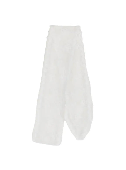 Jinea Ribbon Scarf IL514 White flat-lay product shot showing full length of sheer lace scarf with scalloped edges and pointed ends