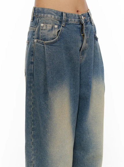 Jiya Washed Wide Leg Jeans CL503 Blue close-up detail shot of waistband zipper fly coin pocket and gradient sand-fade wash denim texture