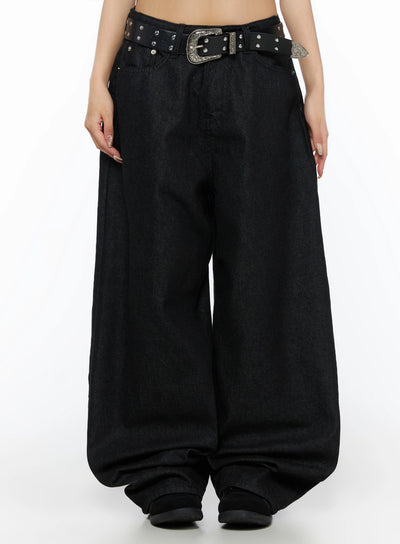 LEWKIN Kairo Back Buckle Wide Jeans IL515 Black Size S front close-up on model showing silver western studded belt buckle and wide-leg denim silhouette
