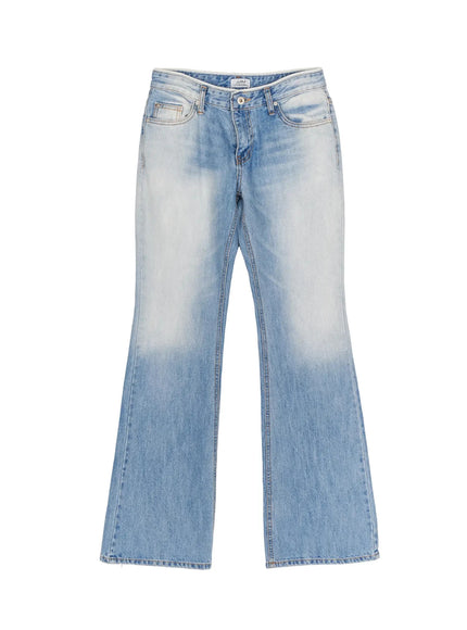 Keilani Low-Rise Bootcut Jeans IL502 Blue flat-lay front view showing full bootcut silhouette, faded wash, button fly, contrast stitching, flared hem