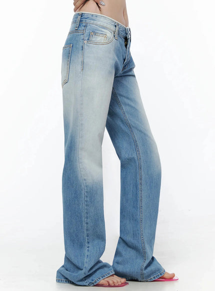 Keilani Low-Rise Bootcut Jeans IL502 Blue side shot on model showing right pocket detail, low-rise waistband, faded wash, straight-to-flare leg line