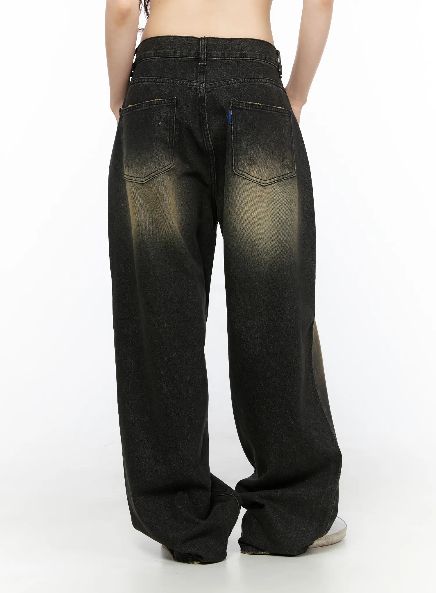 Keisha Washed Baggy Jeans CL523 Black back view on model, cropped waist shot showing back pockets, blue tab, distressed stitching and acid wash fade