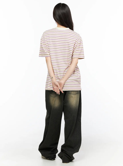 Keisha Washed Baggy Jeans CL523 Black full-body back view on model styled with multicolor striped tee, hands clasped behind, frayed hem detail