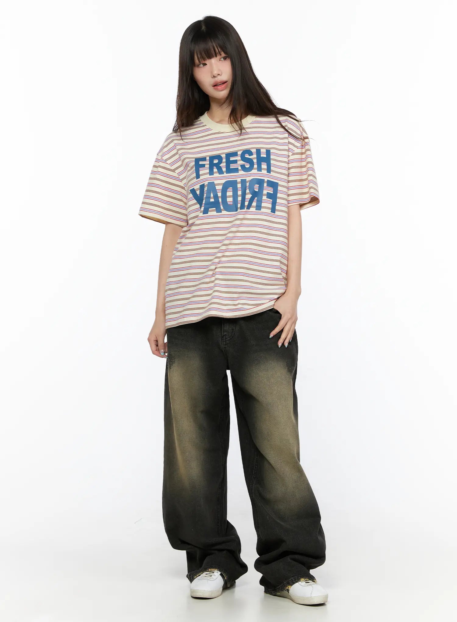 Keisha Washed Baggy Jeans CL523 Black full-body front on model with blunt bangs, styled with striped FRESH FRIDAY tee and white sneakers