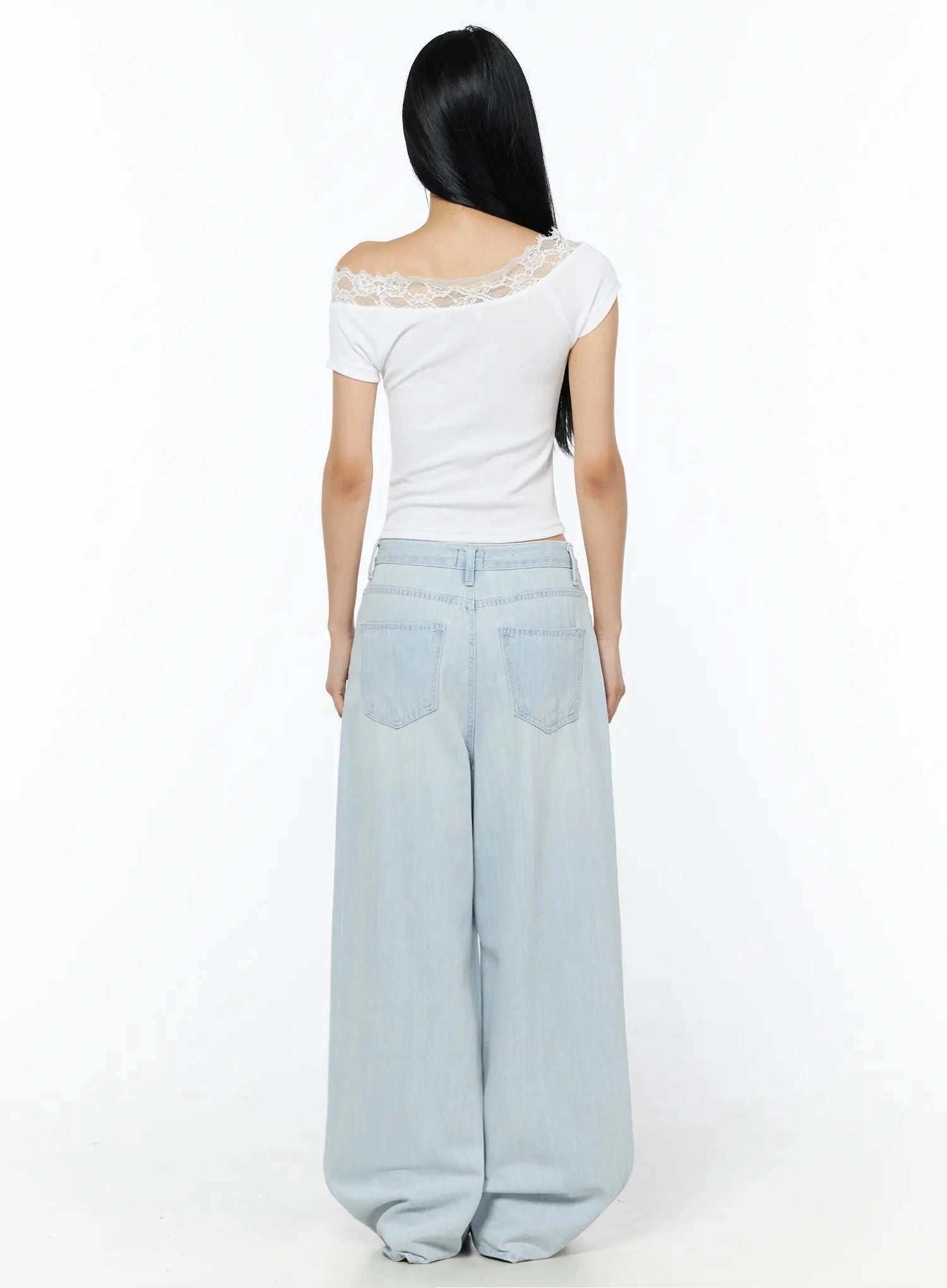 Keliana Soft Wide-Leg Jeans IL516 Light blue back full-length on model in white lace crop top showing rear pockets and wide hem