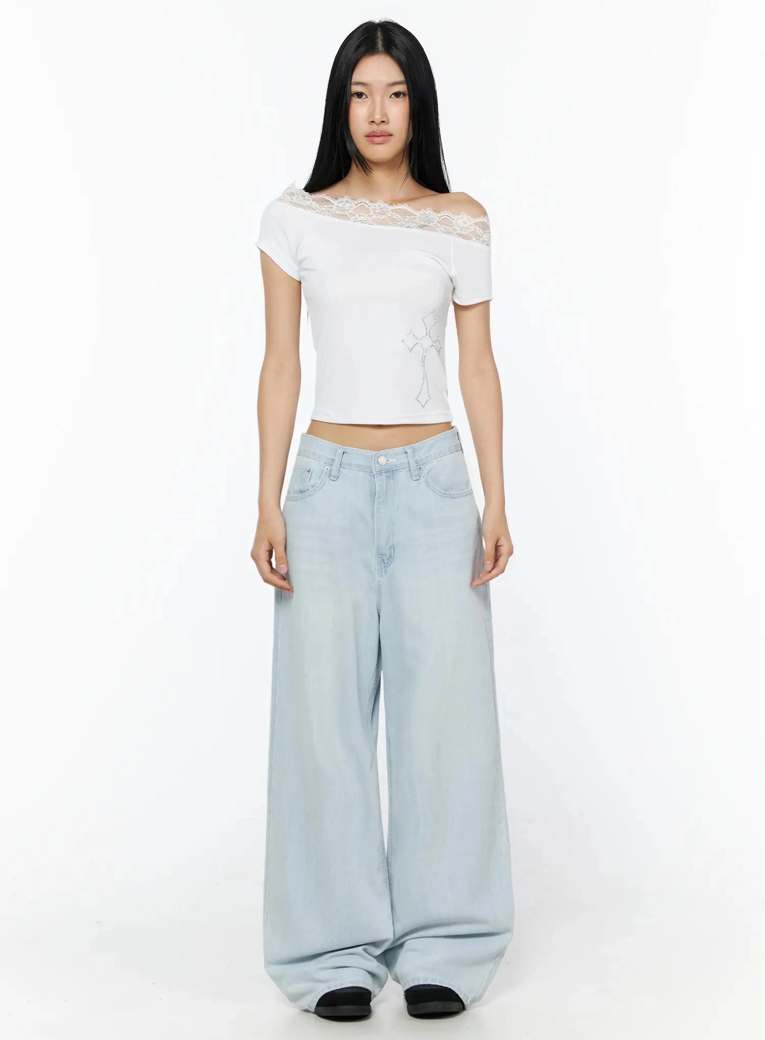 Keliana Soft Wide-Leg Jeans IL516 Light blue front on model in white lace off-shoulder crop top, standing straight, full-length view