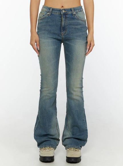 LEWKIN Kendall Vintage Bootcut Jeans CL515 Blue front view on model size S standing straight showing washed flare denim silhouette