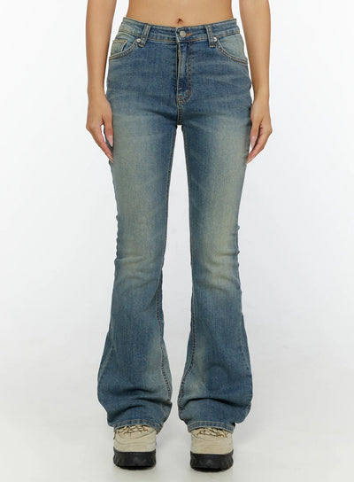 LEWKIN Kendall Vintage Bootcut Jeans CL515 Blue front view on model size S standing straight showing washed flare denim silhouette
