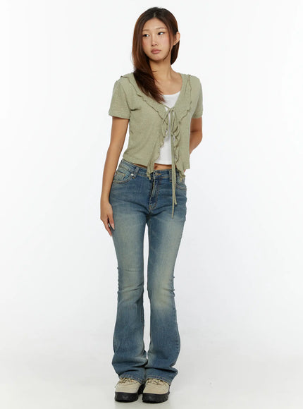 Kendall Vintage Bootcut Jeans CL515 Blue full-body front shot on model styled with sage green ruffle cardigan standing facing forward
