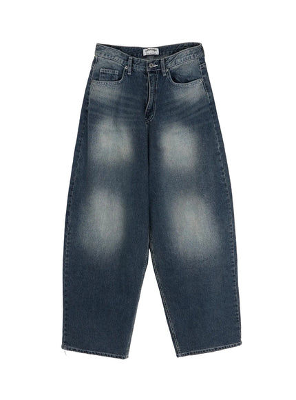 Kenji Baggy Wide-Leg Jeans IL524 Dark blue flat-lay front view on white background showing balloon wide-leg silhouette, faded wash, and white contrast stitching