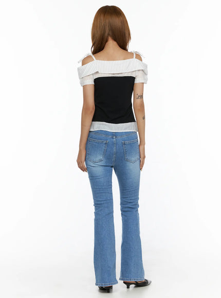Kerry Washed Bootcut Jeans CL503 Blue back view full-length model standing showing back pockets washed fading and wide bootcut hem with belt styling