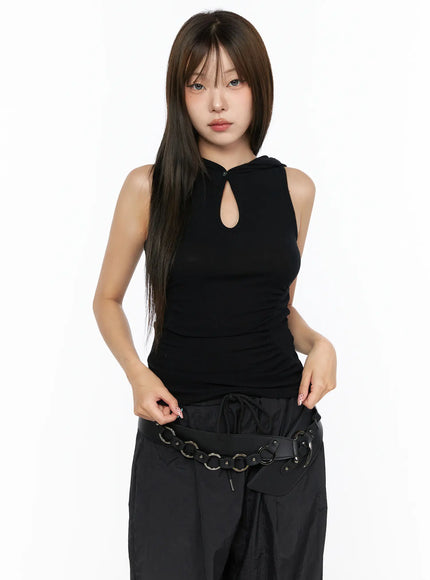 Keyhole Button Hooded Crop Sleeveless Top CL514 in Black, size S/M