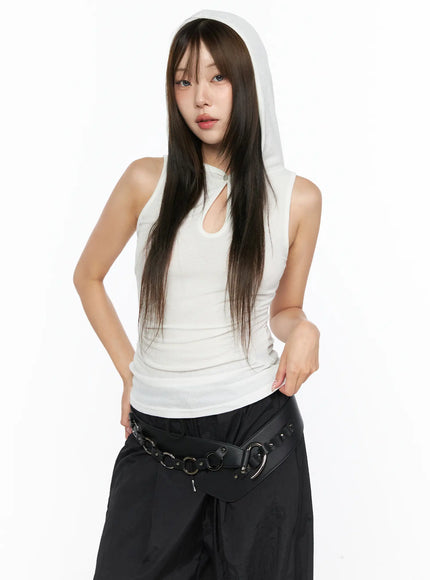 Keyhole Button Hooded Crop Sleeveless Top CL514 White front model shot with hood up keyhole cutout detail ribbed fabric styled with black parachute pants