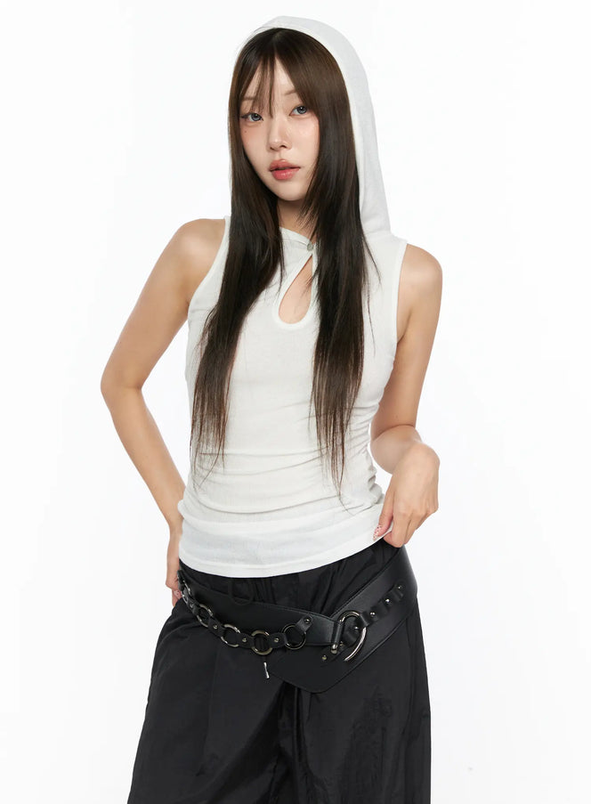Keyhole Button Hooded Crop Sleeveless Top CL514 White front model shot with hood up keyhole cutout detail ribbed fabric styled with black parachute pants