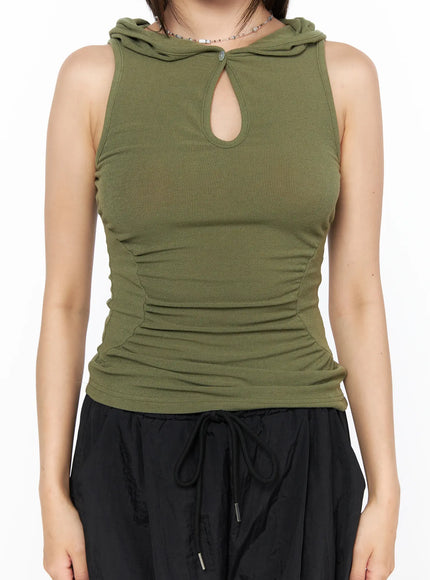 Keyhole Button Hooded Crop Sleeveless Top CL514 Dark green close-up front model shot highlighting keyhole button detail hood and ruched ribbed body with chain necklace