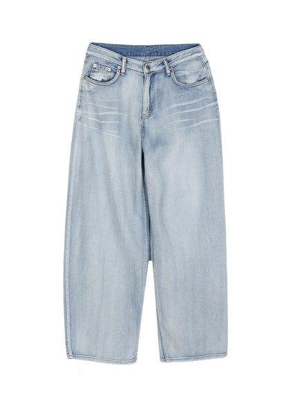 Kit Washed Wide Leg Jeans IL523 Light blue flat-lay front view, washed wide balloon leg denim with faded crease lines, five-pocket construction, no belt