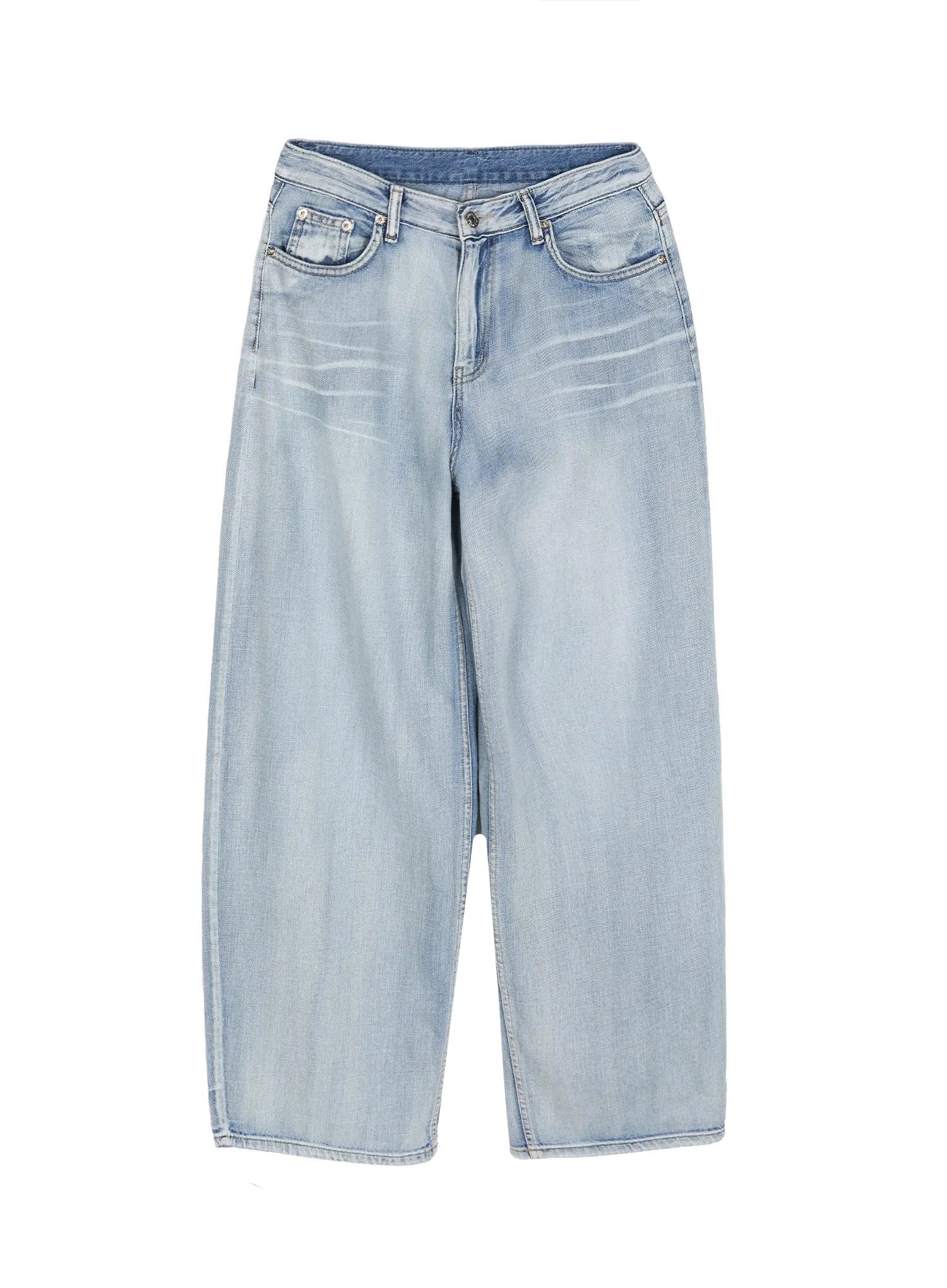 Kit Washed Wide Leg Jeans IL523 Light blue flat-lay front view, washed wide balloon leg denim with faded crease lines, five-pocket construction, no belt