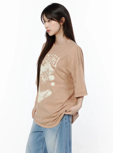 Kitty Graphic Oversize T-Shirt IL506 in Beige, size M/L