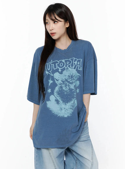 Kitty Graphic Oversize T-Shirt IL506 in Blue, size M/L