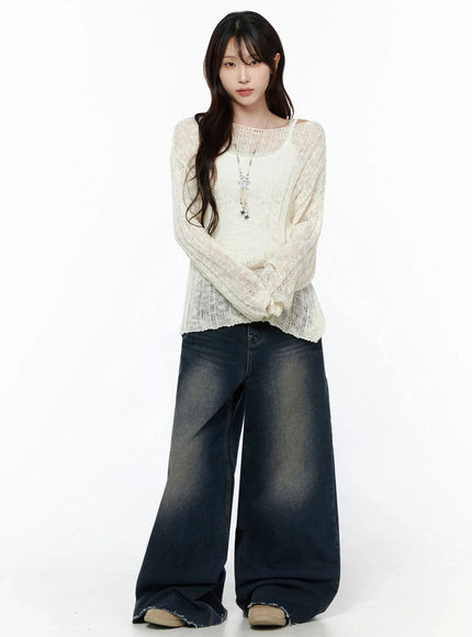 Knit Boat Neck Sweater IL506 Light beige full-body front shot on model standing straight, sheer loose knit, silver star necklace, wide-leg denim, S/M