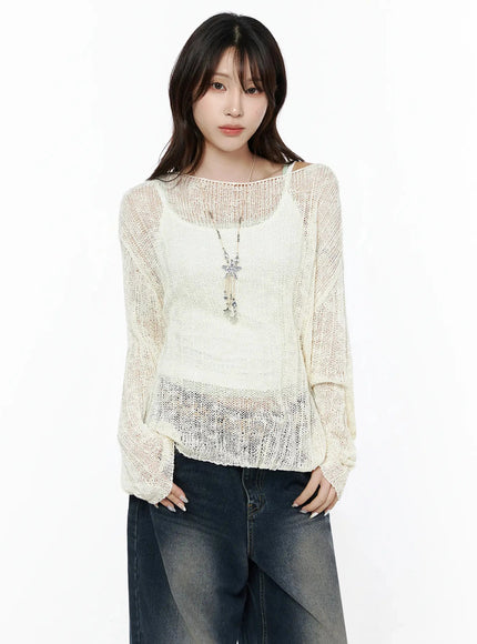 Knit Boat Neck Sweater IL506 Light beige front shot on model looking directly forward, sheer knit, off-shoulder cami strap detail, silver necklace, jeans, S/M