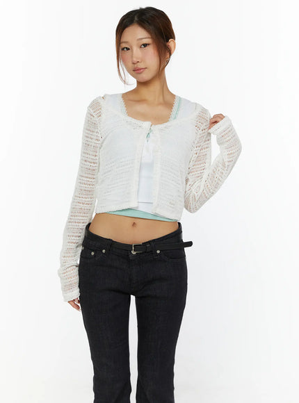 Knit Crop Cardigan CL515 White front shot on model showing open-knit texture scallop neckline and button closure detail