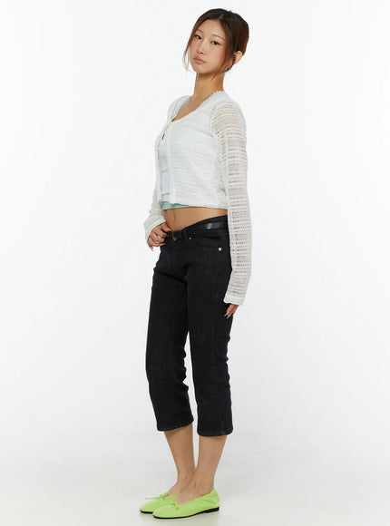 Knit Crop Cardigan CL515 White three-quarter side shot on model showing open-knit texture cropped hem and flared cuff detail