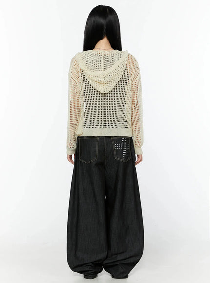 Knit Net Zip-Up Hoodie IL516 Light beige back shot on model, open-mesh knit hood and back panel fully visible, sheer texture over khaki tank with wide-leg dark denim