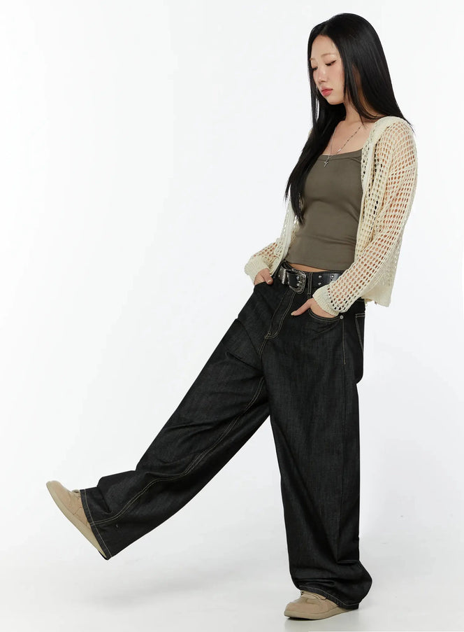 Knit Net Zip-Up Hoodie IL516 Light beige side-angle full-body shot on model, open-front mesh knit cardigan with ribbed cuffs styled over khaki tank and dark denim