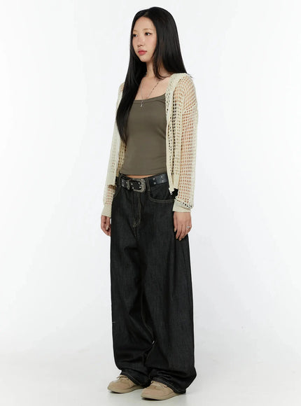 Knit Net Zip-Up Hoodie IL516 Light beige side shot on model, open-mesh knit silhouette and ribbed hem detail visible, layered over khaki tank with dark balloon denim