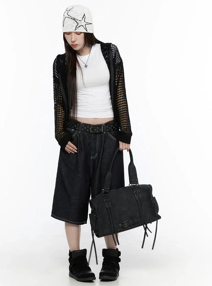 Knit Net Zip-Up Hoodie IL516 in Black, size S/M