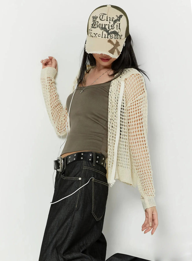 LEWKIN Knit Net Zip-Up Hoodie IL516 Light beige S/M front shot on model wearing cap, open mesh crochet texture layered over khaki tank with dark wide-leg jeans