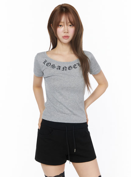 LA Graphic Round Neck Crop Top IL502 in Gray, size S/M