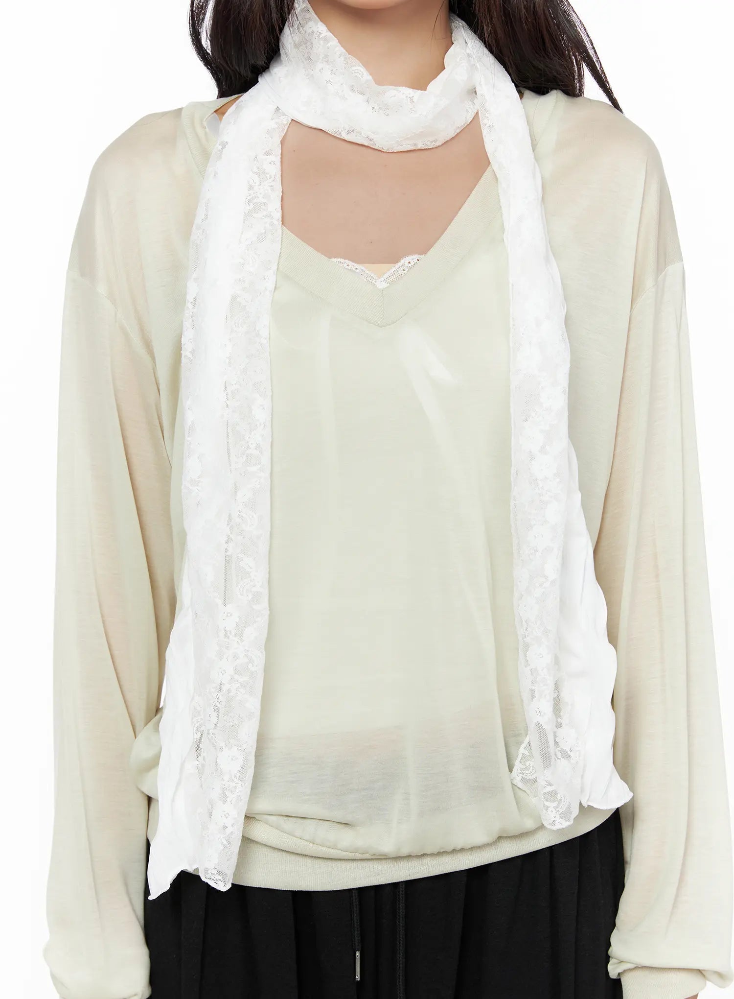 LEWKIN Lace Accent Sheer Scarf CL513 White close-up front shot on model draped around neck over beige sheer top showing floral lace trim detail