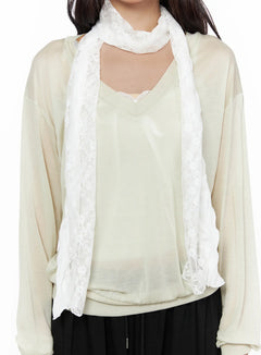 LEWKIN Lace Accent Sheer Scarf CL513 White close-up front shot on model draped around neck over beige sheer top showing floral lace trim detail