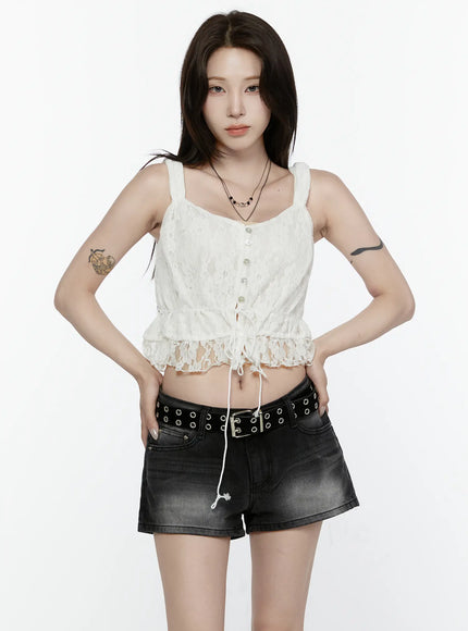 LEWKIN Lace Button-Up Cami Blouse IL522 White front model shot hands on hips with drawstring hem lace ruffle trim styled with black denim shorts