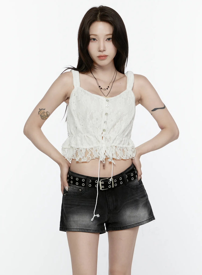LEWKIN Lace Button-Up Cami Blouse IL522 White front model shot hands on hips with drawstring hem lace ruffle trim styled with black denim shorts