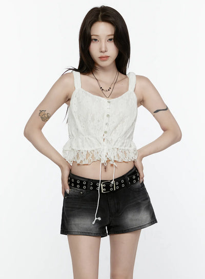 LEWKIN Lace Button-Up Cami Blouse IL522 White front model shot hands on hips with drawstring hem lace ruffle trim styled with black denim shorts